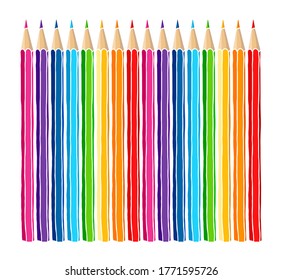 Colored pencils set hand drawn vector doodle illustration. Raibow multicolor crayons isolated over white background.