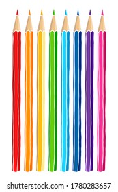 Colored pencils set hand drawn vector doodle illustration. Raibow multicolor crayons isolated over white background.