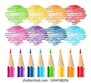 Colored pencils set and hatch marks. Hand drawn vector doodle illustration. Colorful crayons isolated over white background.