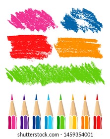 Colored Pencils Set And Hatch Marks. Hand Drawn Vector Doodle Illustration. Colorful Crayons Isolated Over White Background.