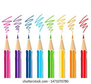 Colored pencils set and hatch marks. Hand drawn vector doodle illustration. Colorful crayons isolated over white background.