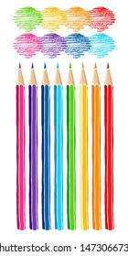 Colored pencils set and hatch marks. Hand drawn vector doodle illustration. Colorful crayons isolated over white background.