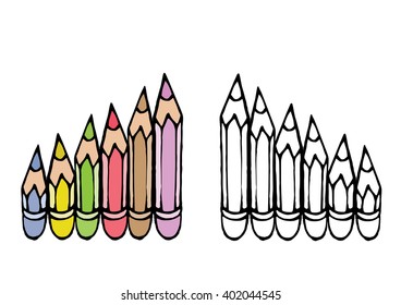 Colored pencils set on white background. Collection of school. Drawing pencils cartoon vector for education in doodle style.