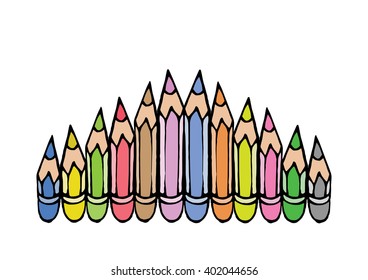 Colored pencils set on white background. Collection of school. Drawing pencils cartoon vector for education in doodle style.
