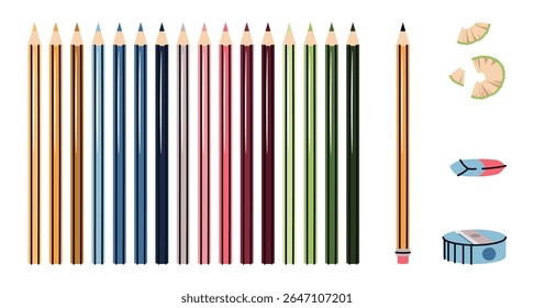 Colored Pencils Set with Sharpener, Eraser and Pencil Shavings in Flat Design. Artist Kit for Drawing, School Projects and Hobbies. Ideal for Art Supply Branding, Educational Materials