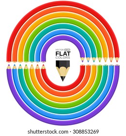 Colored Pencils shaped as a rainbow. Flat colors. Design elements with arched pencils of rainbow colors. Smartly grouped, isolated on white. 