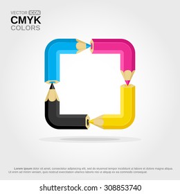 Colored pencils shaped as a square. CMYK colors. Flat colors only. Design elements. Smartly grouped.