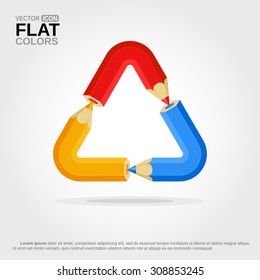 Colored pencils shaped as a triangle. Primary colors.  Flat colors only.Design elements. Smartly grouped.