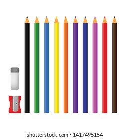 Colored pencils with sharpener and eraser on white background. Vector isolated illustration