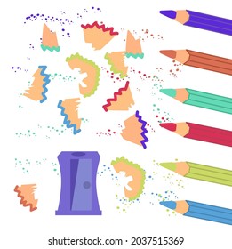 Colored pencils, sharpener and shavings. Simple vector illustration about school.