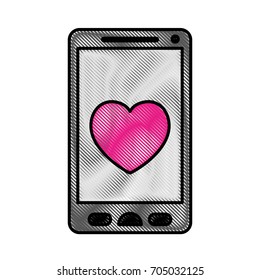 colored pencils silhouette of smartphone with heart in screen vector illustration