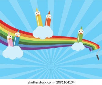 Colored pencils with a smile in front of the rainbow drawn with a paint roller (concentrated lines, background, wallpaper)