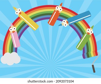 Lápices de colores con una sonrisa delante del arco iris dibujada con un rodillo de pintura (líneas concentradas, fondo, papel pintado)