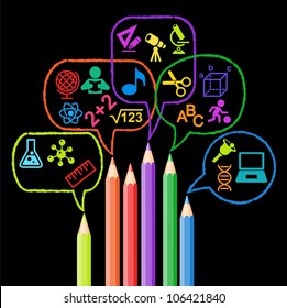 colored pencils and Speech Bubble surrounded by icons of Education