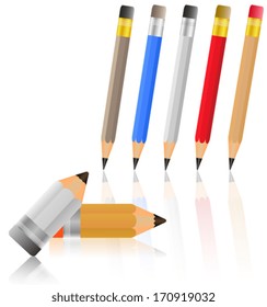 Colored pencils, stationery set on a white background