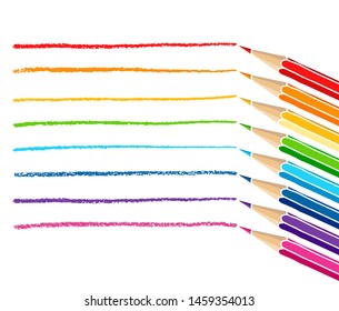 Colored pencils and strokes. Hand drawn vector doodle illustration. Colorful crayons isolated over white background.