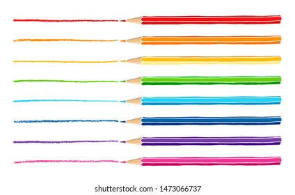 Colored pencils and strokes. Hand drawn vector doodle illustration. Colorful crayons isolated over white background.