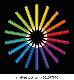 Colored pencils that form a rainbow colored flower or sun. Isolated vector illustration on black background.