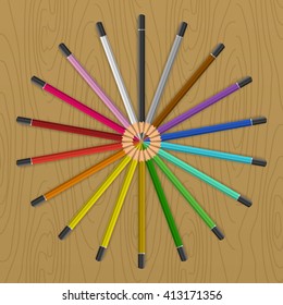 Colored pencils that form a rainbow colored color fan circle. Vector illustration on the table.