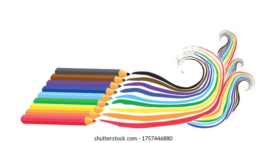 Colored pencils and their drawn  sea tide lines on a white background. Colored pencils. School supplies, website, office, cover, surface. Vector illustration