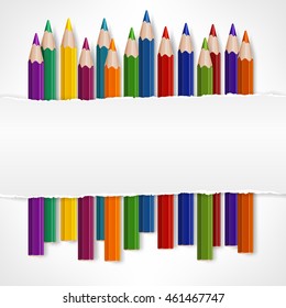 Colored pencils and torn paper sheets with space for text. Collection of rainbow wooden pencil for drawing. Vector illustration