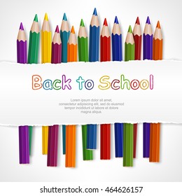 Colored pencils and torn paper sheets with space for text. Collection of rainbow wooden pencil for drawing. Vector illustration