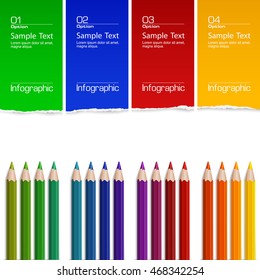Colored pencils and torn paper sheets with space for text. Collection of rainbow wooden pencil for drawing. Vector illustration
