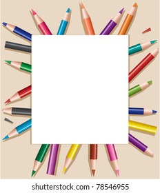 colored pencils under blank sheet of paper, vector illustration