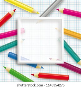Colored pencils with white frame on the checked background. Eps 10 vector file.