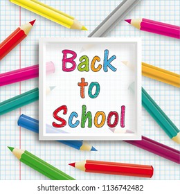 Colored pencils with white frame and the text Back To School on the checked background. Eps 10 vector file.