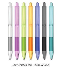 Colored Pens. Blank Mockup Collection in Realistic Style for Branding Logo Business Presentation. Vector Illustration