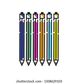 colored pens on the white background. Flat style