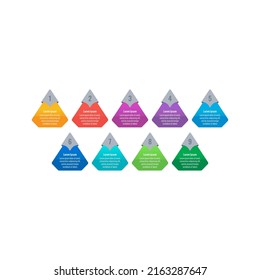 colored pentagons informational template. internet, business, web, magazine, annual report infographic template. nine options infographic template