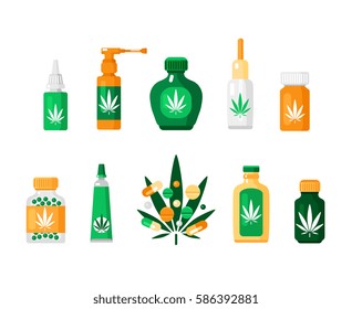 Colored pharmacy cannabis composition in flat style with different types of drugs and methods of using vector illustration