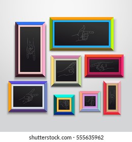 Colored photo frames, set of patterns, isolated on a wall. Hand drawn part. Vector illustration EPS 10. Isolated on white background.