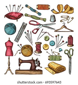 Colored pictures of different tools for needlework or sewing workshop. Color drawing vintage handmade equipment, needlework accessory. Vector illustration