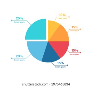 Colored pie chart with percentage graphic for business presentation isolated on white background. Vector flat illustration.