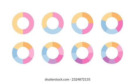 Colored pie diagram. Circular section graph. Circle chart divided into pieces. Set of segments. Round scheme with sectors. Colorful structure with 2, 4, 6 elements. Vector illustration