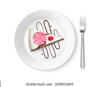 Colored piece of cake top view realistic composition with cake in plate with a dessert fork vector illustration