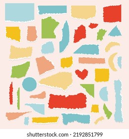 Colored pieces of torn paper. Set of collage paper geometric shapes. Creative cutouts. Vector scraps.