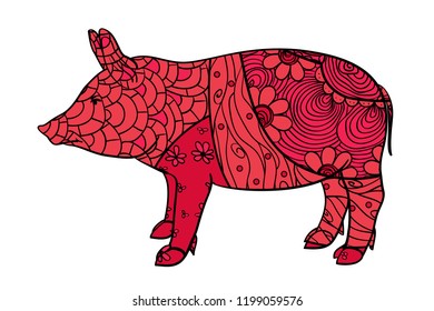 Colored pig on white. Zentangle. Hand drawn animal with intricate patterns on isolated background. Design for spiritual relaxation for adults. Print for banners, t-shirts and textiles. Zen art
