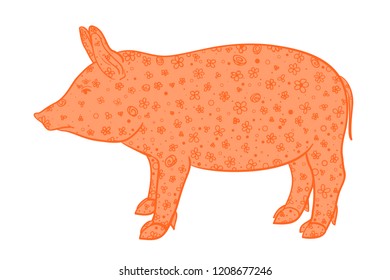 Colored pig on white. Zentangle. Hand drawn animal with intricate patterns on isolated background. Design for spiritual relaxation for adults. Illustration for banners, t-shirts and textiles. Zen art