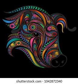 A colored pig from a variety of patterns. Symbol of the New Year 2019