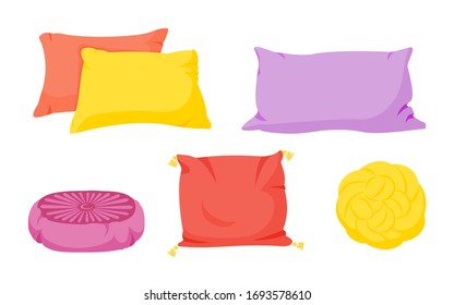 Цветная подушка плоский мультяшный набор. Текстиль для домашнего интерьера. Подушки квадратные, узел с кисточками, шаблон макета подушки пуфа. Перо, бамбуковая эко-ткань. Красочный дизайн подушки. Векторная иллюстрация