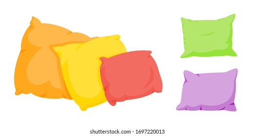 Colored pillow flat cartoon set. Home interior textile. Five soft color square pillows mockup template. Feather, bamboo eco fabric. Colorful cushion design. Isolated on white vector illustration