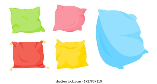 Colored pillow flat cartoon set. Home interior textile. Five soft color pillows, with tassels for bed, sofa. Feather, bamboo eco fabric. Colorful cushion design. Isolated on white vector illustration