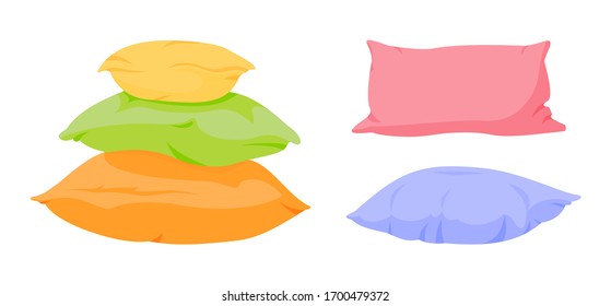 Pirámide de almohadas de colores, juego de dibujos animados planos. Tejido interior doméstico. Mochila de almohadas cuadradas de color suave para cama, sofá. Pluma, tela ecológica de bambú. Diseño colorido de cojines. Ilustración del vector