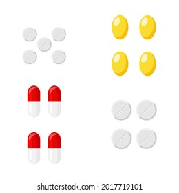 Colored pills and capsules white background. Cartoon medicines for different illnesses. Vitamines for good health condition. Medical treatment isolated vector illustration.