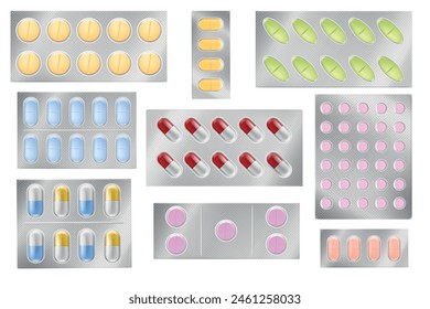 Colored pills. Different colorful medical tablets, individually packed, antibiotic or vitamin, painkiller capsule in container. Drugs in packaging. Realistic isolated elements. Vector set