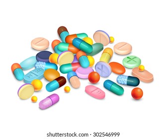 Colored pills and granules medical realistic composition on white vector illustration 